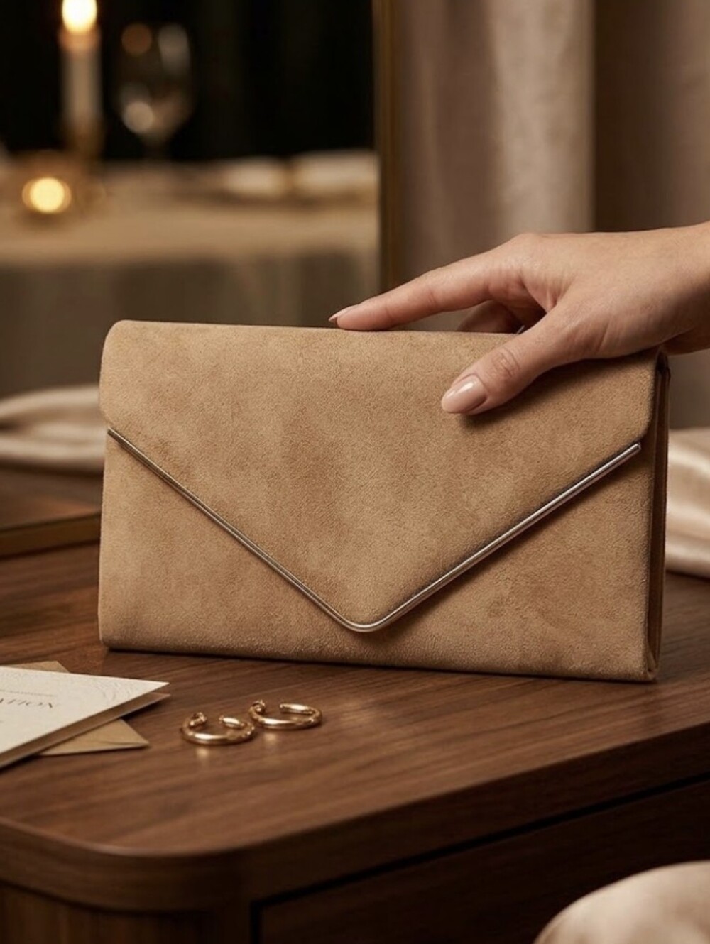 Elegant Tan Suede Envelope Clutch with Gold Accent
